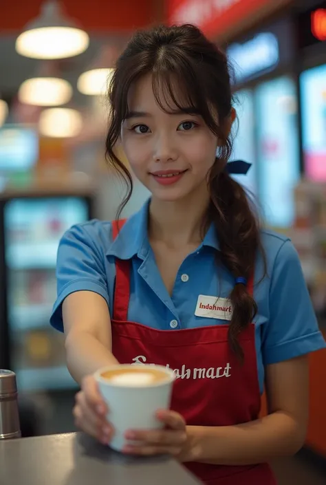 super pretty 18yo model german arabic as a convenient store keeper girl with blue and red uniform that says "Indahmart" giving a cup of coffee to me, facing camera shyly,ribbon on head,trying to express her feeling of love to me, glimmering eyes, dramatic,...