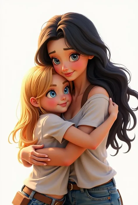 Mother hugging her daughter, black hair blonde, big blue eyes, travel clothes. white background