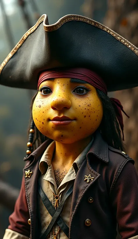 epic pirate potato humanoid, potato pirate captain, supernatural potato creature, hyper-realistic detailed pirate outfit and accessories, pirates of the caribbean, 4k 8k masterpiece, cinematic lighting, dramatic poses, highly detailed facial features, dyna...