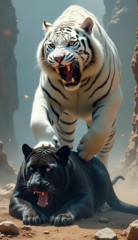 A giant angry white tiger on top of an injured black panther. He is roaring as if he is celebrating a victory 