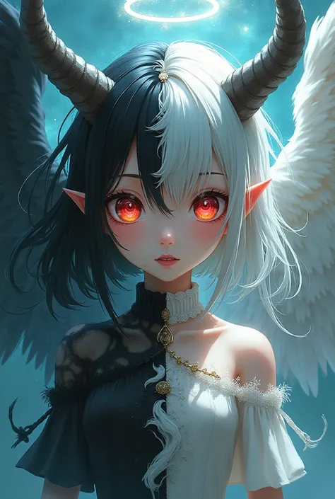 Nacked anime girl her left side is a demon her right side is an angel