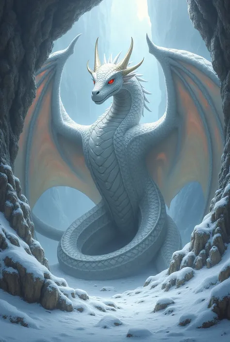 A snow-white snake with the head of a dragon. Has wings like a bat It has claws like a hawk.It has a fierce personality and lives in a snowy cave
