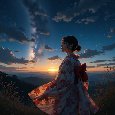 I want your name to be the windy night sky。The woman is Japanese and wearing a yukata.。