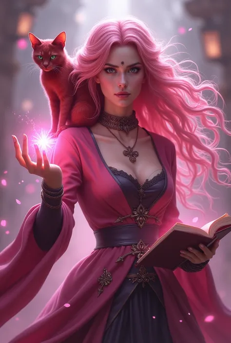 Pink-haired witch who is controlling threads coming out of her fingers with a red cat on her shoulder and has a pink three-leaf book on her side emanating a pink aura and she is controlling destiny with these threads