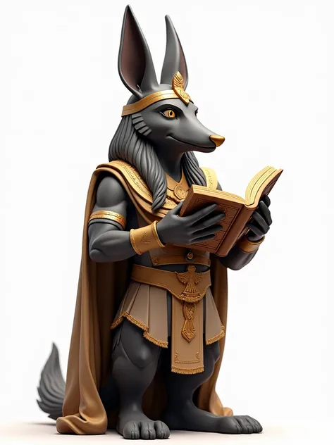 a figure of the god anubis holding a book, egyptian clothes, white background