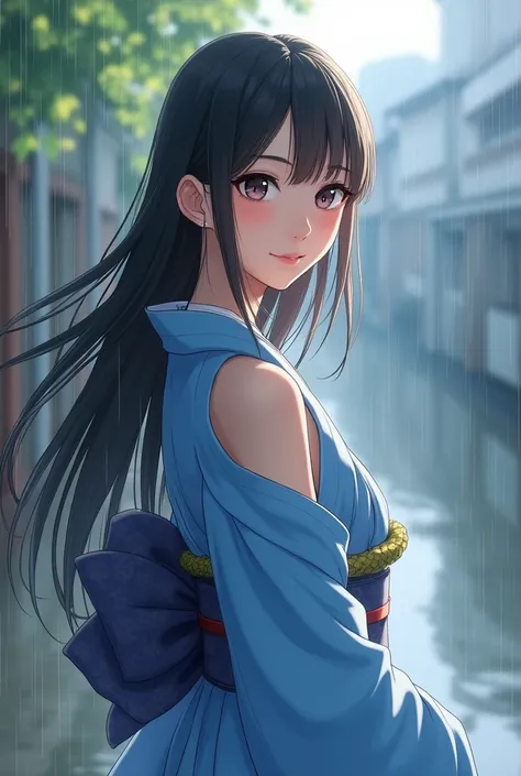 Michiko Yoshise
　Blue kimono　Japan　Healthy school girl　Look back　Fair skin　Straight long hair　Shoulder Bare　Large breasts　Hair swaying in the wind　Rain　Waist-slim　A big smile