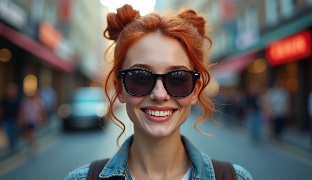 raw photo in UHD RAW format. A very happy 20 year old girl with sunglasses in the middle of the street, wearing casual clothes, with bun natural red hair and blue eyes. [ hyper-realistic texture ], [ hyper-realistic skin texture ], poor lighting. fine deta...