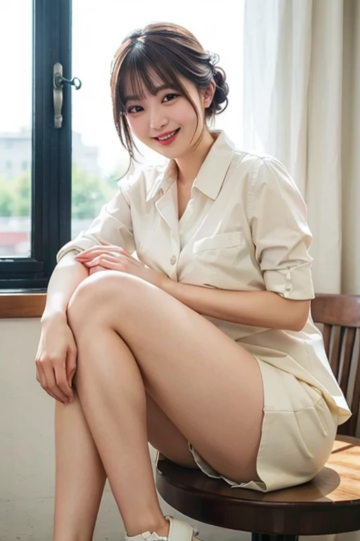 One milf, business suit, cotton tight skirt, thighs, beautiful skin-colored knees, smile, updo, bangs, 8K high resolution,
