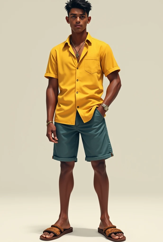 Create a male character,Black hair,brown eye,bermuda jeans,chinelo,yellow shirt,full body