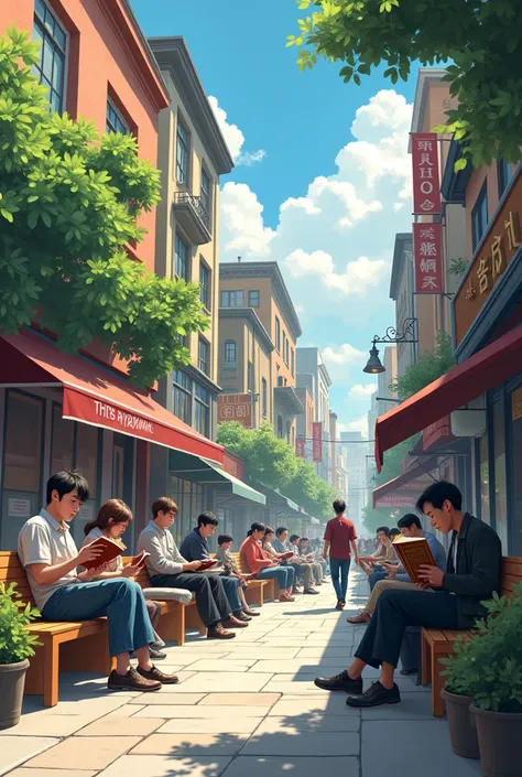 People reading books on the street 