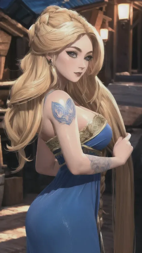 sif, blonde, very long hair,  blue dress, tattoos, sexy, seductive, (8k, raw photo, best quality, masterpiece:1.2),ultra-detaile...