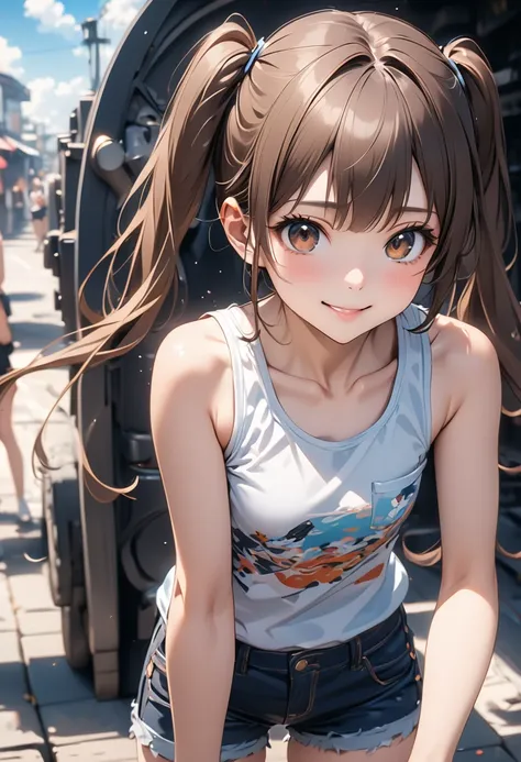  Very cute and beautiful girl,Anime Girls_1 person, Ryujo_Kantai Collection,Standing,small, girl,Brown_hair, Twin tails, Brown_eye,Tank tops、Shoulder Bare、Hot pants、 Flat chest, smile.(Best Quality,masterpiece:1.0),Absurd,High resolution,Very detailed,Very...