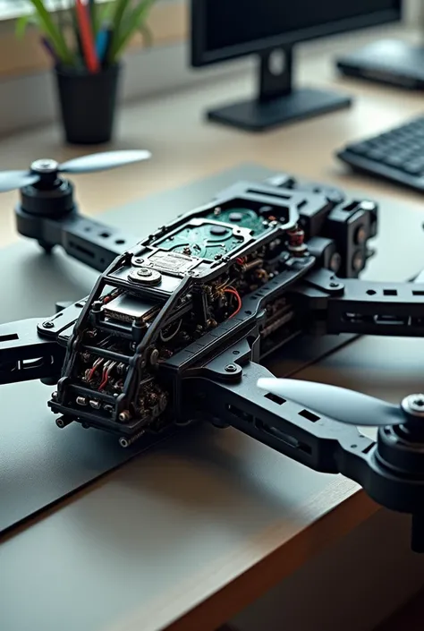 A mini drone kept on a desk with its some wires and components out / un covered . Add its propellors. I want it to be bigger 