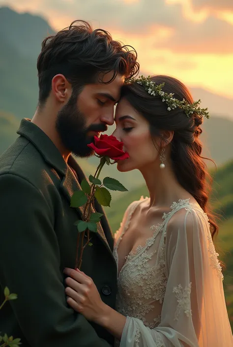 A handsome Chechen guy holds a rose in his teeth and a beautiful girl of angelic appearance