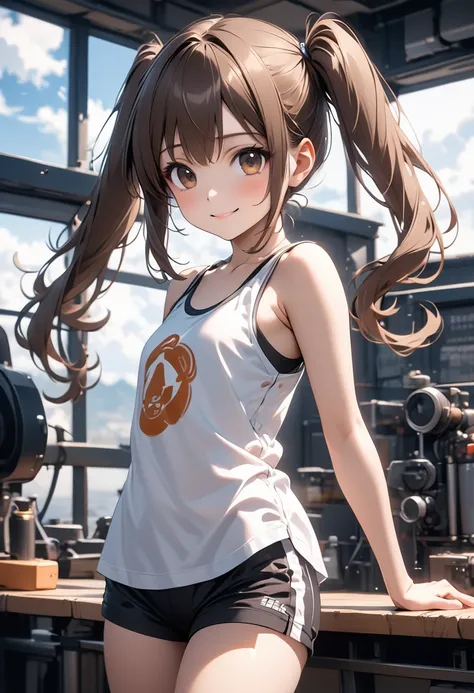  Very cute and beautiful girl,Anime Girls_1 person, Ryujo_Kantai Collection,Standing,small, girl,Brown_hair, Twin tails, Brown_eye,Tank tops、Shoulder Bare、Hot pants、 Flat chest, smile.(Best Quality,masterpiece:1.0),Absurd,High resolution,Very detailed,Very...