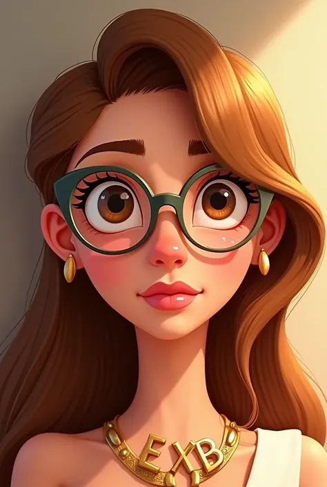 Create an image of the Greek Goddess Hera with brown eyes, cat-eye glasses, light frames and hair just below the shoulder, small earring in Disney pixar cartoon focusing on the face with the name EXBE large on the neck