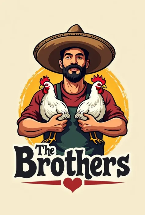 create an image of a Mexican with TWO CHICKENS IN HIS HAND and a hat and mustache, all this as if it were a written logo "The brothers" EVERYTHING AS IF IT WERE A BRAND LOGO 