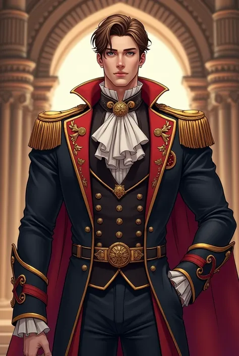 1 male, 2, (Masterpiece, best quality, extremely cool and beautiful), nobility and rich, tall, short brown hair, detailed eye, muscular, white skin, half body, big body, beautiful body, noble uniform, in the castle, webtoon style