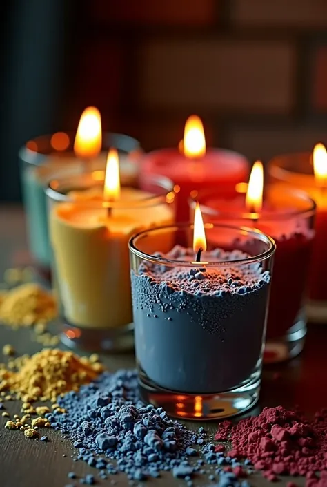 three or four different glasses filled with candle powder ( some only with white, others only with red, and others with the two colors alternating in layers), all with a lit fuse in the center. Make sure the texture of the candle is actually powdery.. Set ...