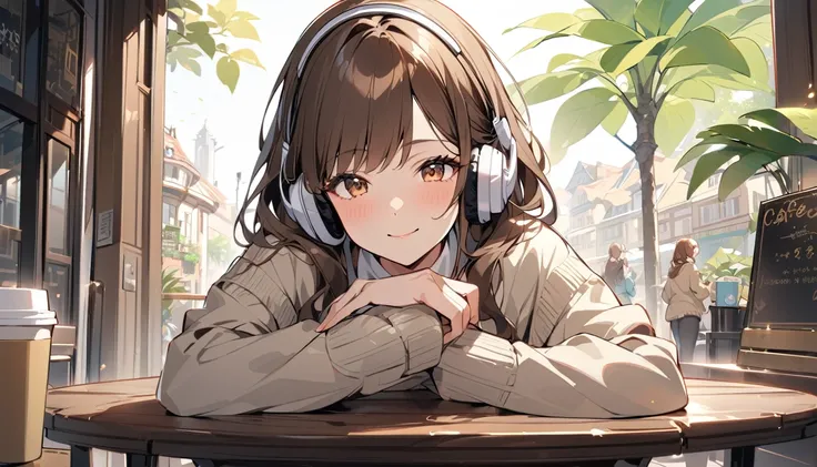 background：Cozy cafe table、Outside the window is a city view。
expression：A satisfied smile。
Costume：A simple dress and cardigan。
Pose：Elbows on the table、Holding a cup with both hands and drinking。
scene：Spending a relaxing time at your favorite cafe。
(Bro...