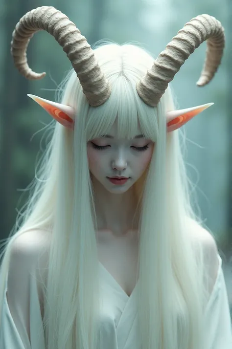  white skinned and white haired Japanese  with large white goat horns arched downwards 