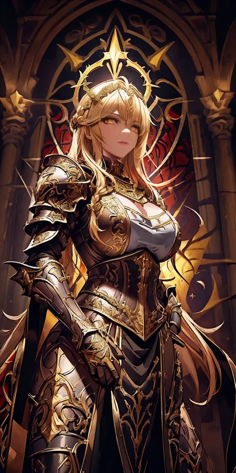 upper body of paladin lady in ornate golden armor, black collar, pauldrons, breastplate, corset, glowing halo, single braid, blo...