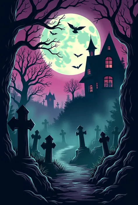 Design an eye-catching horror-themed wallpaper for a T-shirt, centered around Halloween. The composition should feature a spooky graveyard at night, with a full moon casting an eerie glow over crooked tombstones and gnarled trees.

Include chilling element...