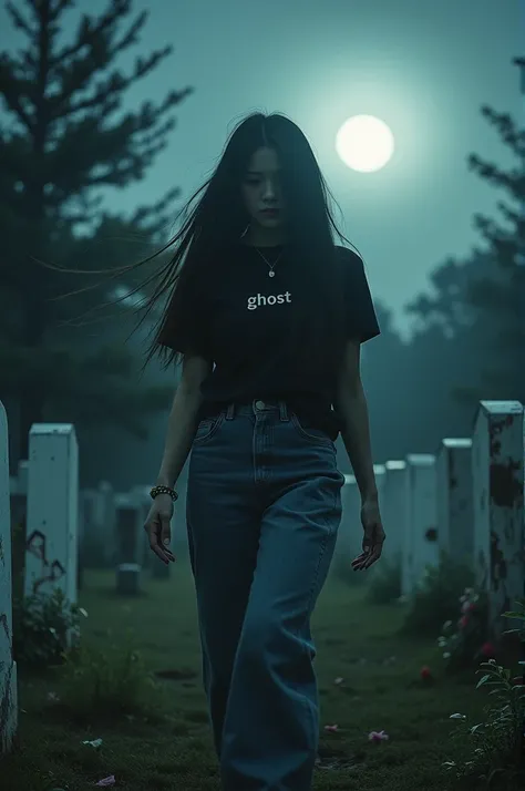 The eerie atmosphere of the night in the haunted cemetery, from a beautiful Korean woman with long flowing hair wearing a black t-shirt with the words "ghost" long jeans cool shoes, he sat on a grave accompanied by a mysterious woman with a scary face, her...