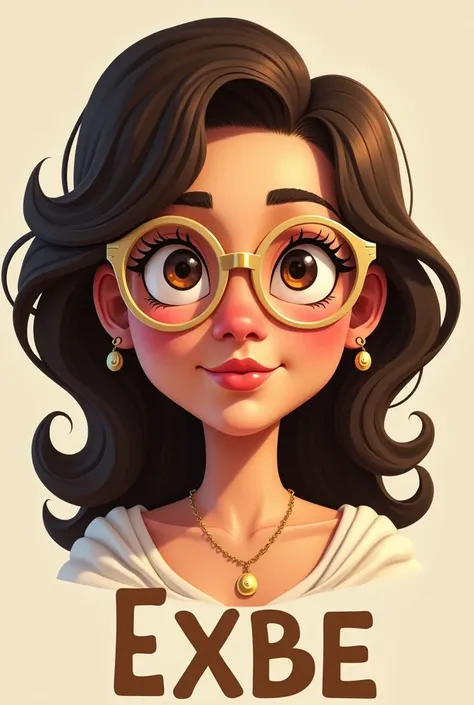 Create an image of the Greek Goddess Hera with brown eye, dark brown hair, wearing cat-eye glasses with light frames and hair just below the shoulder, small earring in Disney pixar cartoon focusing on the face with the name EXBE large on the neck