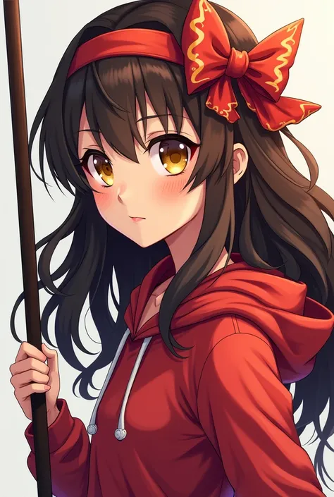 Young woman. Brunette. Tanned skin. Wavy long hair with bangs. Red sweat headband with a bow on the side. Golden eyes. Wields a staff. Wears a hoodie. Anime style.