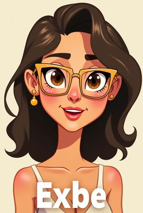 Create an image of the Greek Goddess Hera with brown eye, dark brown hair, wearing cat-eye glasses with light frames and hair just below the shoulder, small earring in Disney pixar cartoon focusing on the face with the name EXBE large on the neck