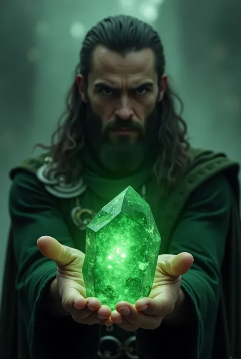 Loki holding a green crystal like stones intense green theme scary background realistic image 
Loki has no beared the stone is small and irregular crystal shape