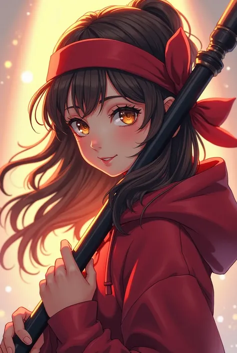 Young woman. Brunette. Tanned skin. Wavy long hair with bangs. Red sweat headband with a bow on the side. Golden eyes. Wields a staff. Wears a hoodie. Anime style.