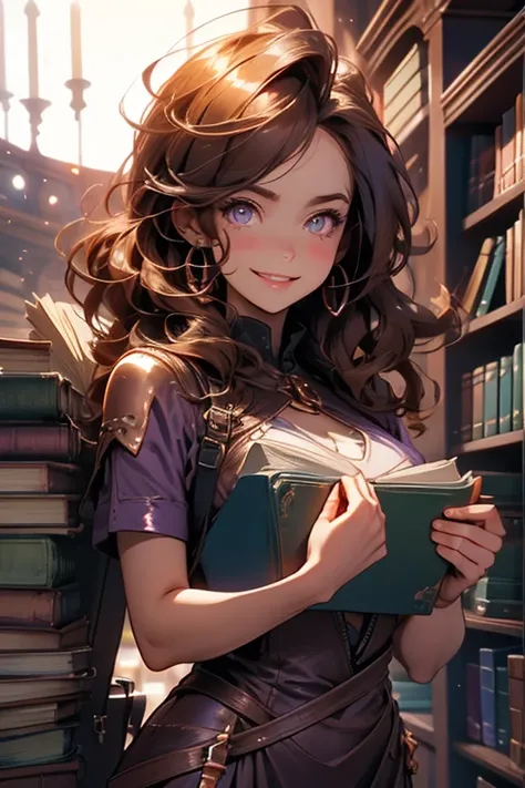 Perfect face. Perfect hands. A brown haired woman with copper eyes with an hourglass figure in a violet dress is carrying a stack of books through an ancient library with a big smile