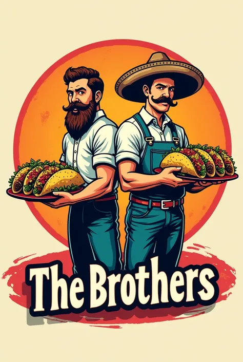 create an image of a Mexican with tacos and burritos in hand and a hat and mustache, all this as if it were a written logo "The brothers" EVERYTHING AS IF IT WERE A BRAND LOGO and the skinny pants with a belt 