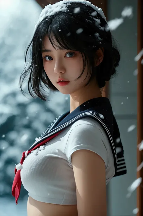 Japanese、Model、Black Hair、Long Hair、Big Breasts、Topless、Sailor suit、Black sweater、School、A woman lifting her clothes to reveal her breasts、snow