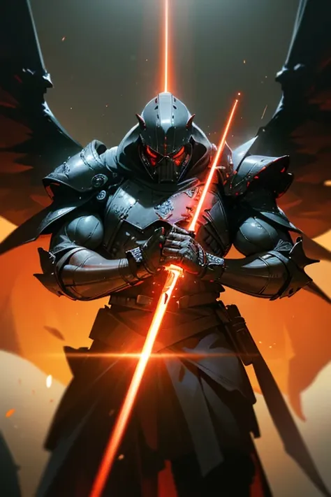 A large, muscular, angry man in a dark, futuristic armor suit with red lines, a helmet with large fiery wings, a steel mask, and a fiery cape, wielding a glowing lightsaber in his hands, with an intense, powerful expression, against a dark, ominous backgro...