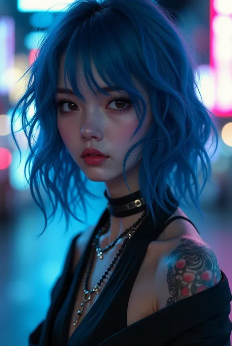 Please create a Japanese woman with blue hair、She is sexy and hell am real style