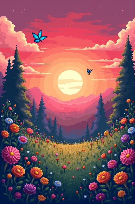 pixelated reddish sunrise background with pixelated ground with pixelated flowers and pixelated butterflies 