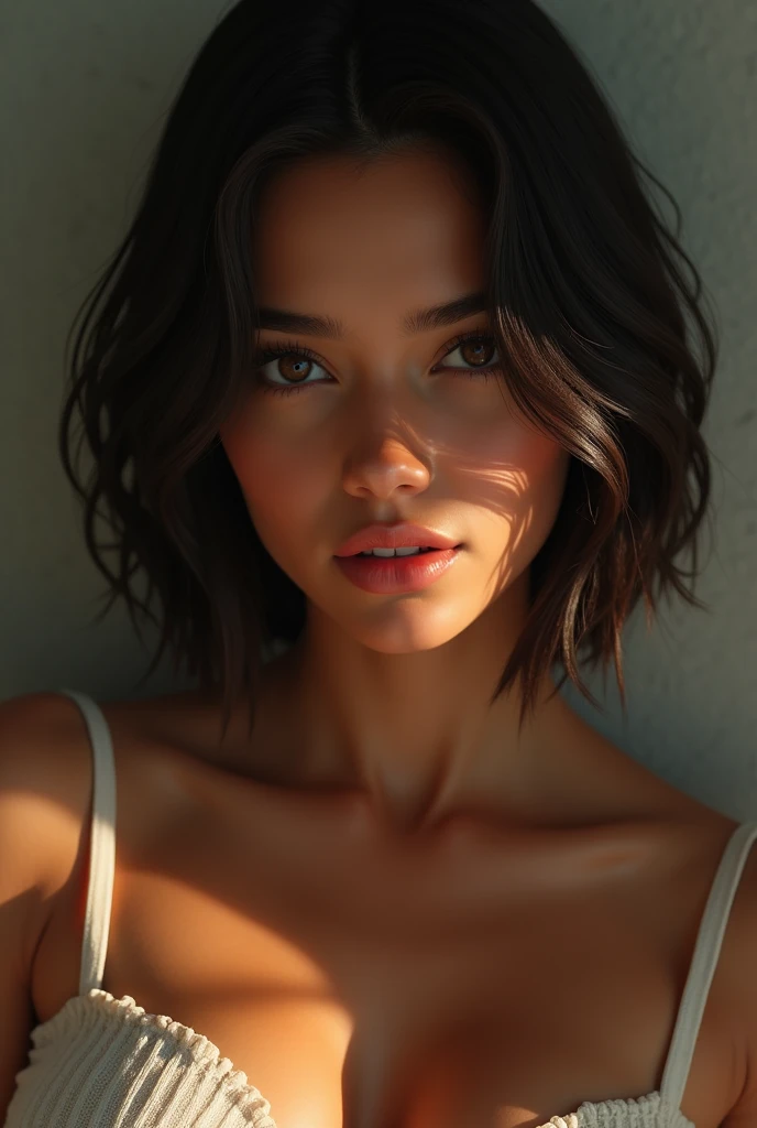 Woman, One, 20 Years old, Latina, Fit, Dark light skin, Tanned skin, Small breasts, Thick thighs, Medium ass, Open mouth, Horny face, Black hair, Bobcut, Straight hair, Brown eye color