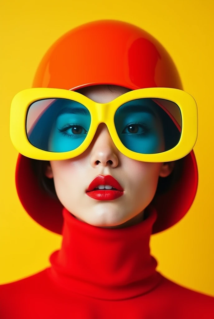 This image is an avant-garde fashion portrait of a Korean woman that exploits color and shape in a bold and surreal way. Key elements: Glasses: Huge and wavy in shape, in bright yellow with blue lenses.
Makeup: Deep red lips and pale skin with a hint of bl...