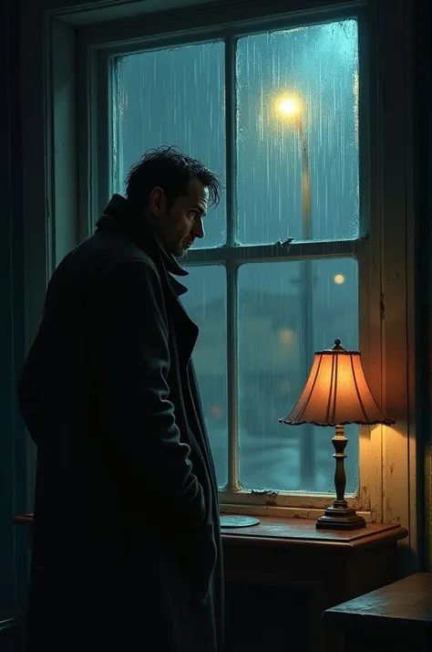 A detective standing by a rain splattered window at night with a dimly lit streetlight flickering outside. The room is gloomy filled with the soft glow of a desk lamp, and the atmosphere is tensed. The detectives face is weary, lost in thought as he stares...