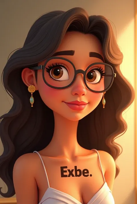 Create an image of the Greek Goddess Hera with brown eye, wearing cat-eye glasses with light frames and hair just below the shoulder, small earring,in Disney pixar cartoon focusing on the face with the name EXBE large on the neck