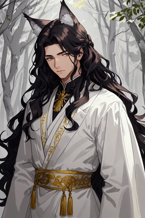 Illustration of a young male, handsome, black wavy hair down to chin. nicely styled hair. in some old fabric clothes, white with grey strings. background in a forest. realistic-ish look. wolf ears coming out of head. frown on face.