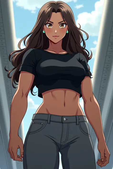 Anime style MHA woman with long wavy dark brown hair, Muscular with large, defined arms as well as abdomen and legs, attractive, black shirt and grey pants