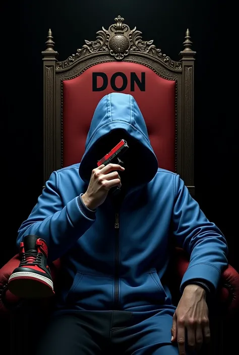 Glock 19 gun on head blue jacket and  red  & black jordan shoe on left hand with black background with don name sitting on king chair 