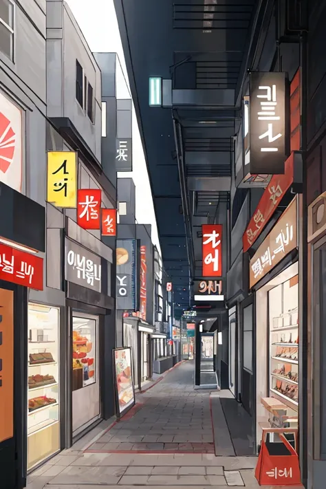 The composition is frontal, There are shops and apartments on both sides., gray apartment, plaza,  korea임, korea