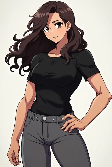 Anime style MHA woman with long wavy dark brown hair, Very muscular with big, defined arms, pale skin, attractive, black shirt and grey pants