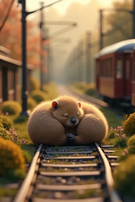 a cute baby capybara sleeping on a miniature railway diorama, a model of a streetcar nearby, highly detailed, realistic, photorealistic, 8k, best quality, intricate details, cinematic lighting, warm colors, soft focus, nature, adorable, animal, rodent, sle...