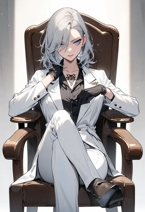 Hands One, Alone, female, mafia, black shirt, White pants, black gloves, white coat, Medium hair, gray hair, Bright blue eyesEagle tattoo on right collarbone, Sitting on a chair, Take up a sword